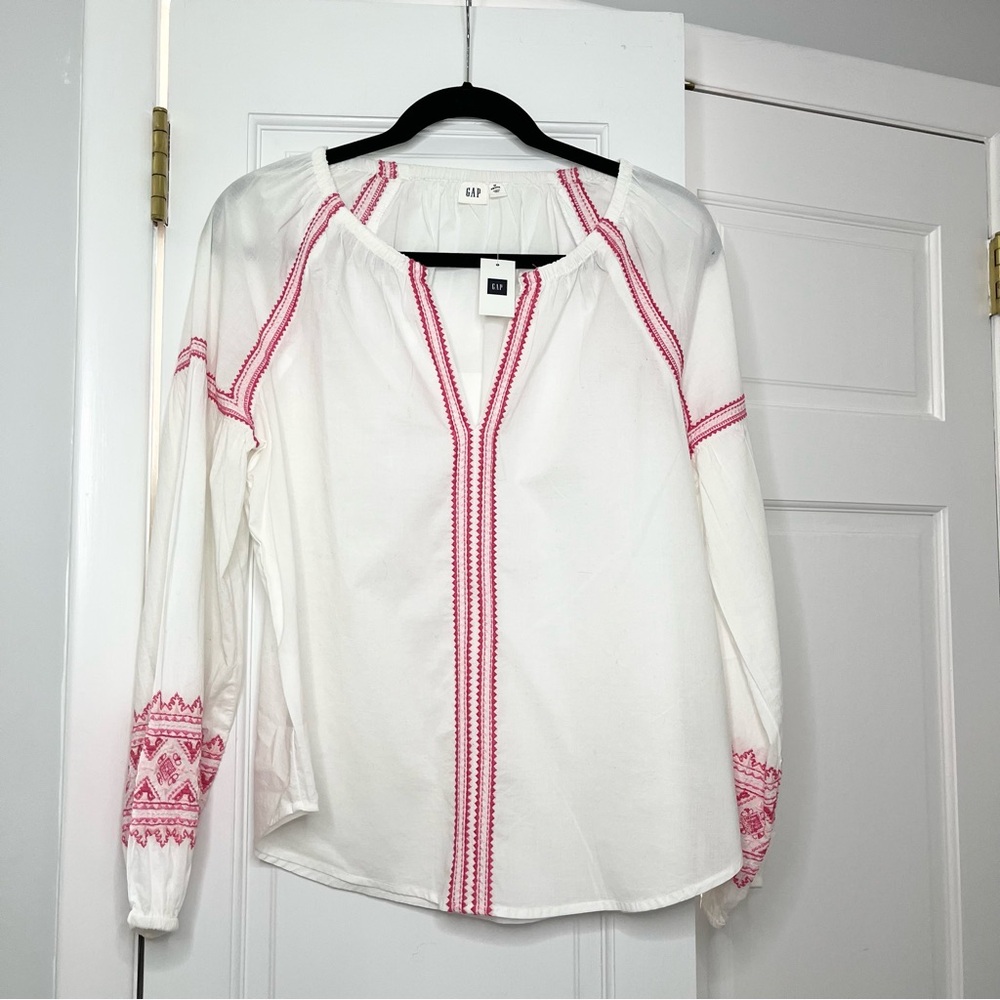 GAP 100% Cotton White and Pink Relaxed Blouse with Mandarin Collar
